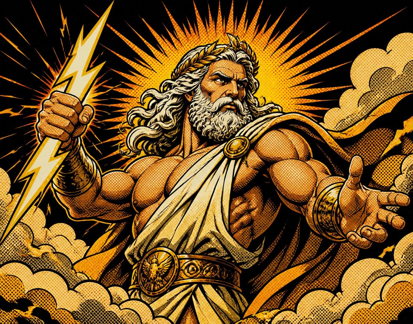 Zeus z piorunem wśród olimpijskich chmur — ilustracja Olimp Boskie Smaki